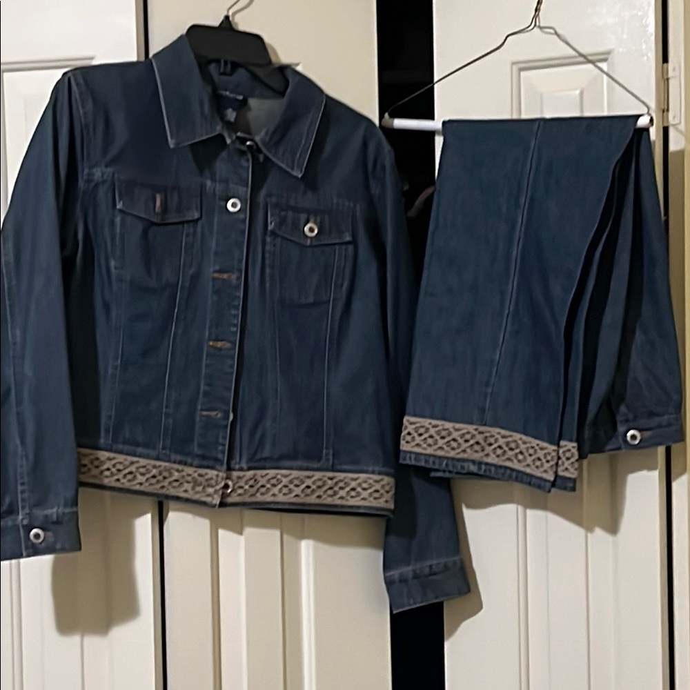 Ann Taylor Blue Jean Jacket and Crop Jean set with Lace Trim